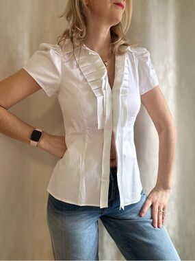 RACHEL Rachel Roy White Ruffle-Front Short Sleeve Blouse
